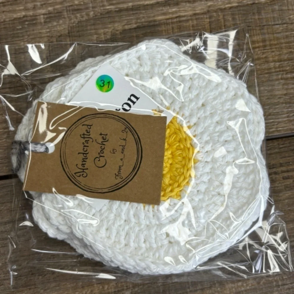 Coasters Sunny Side Up Fried Egg Cup Mug Set of 4‎ Handcrafted Crochet Cotton